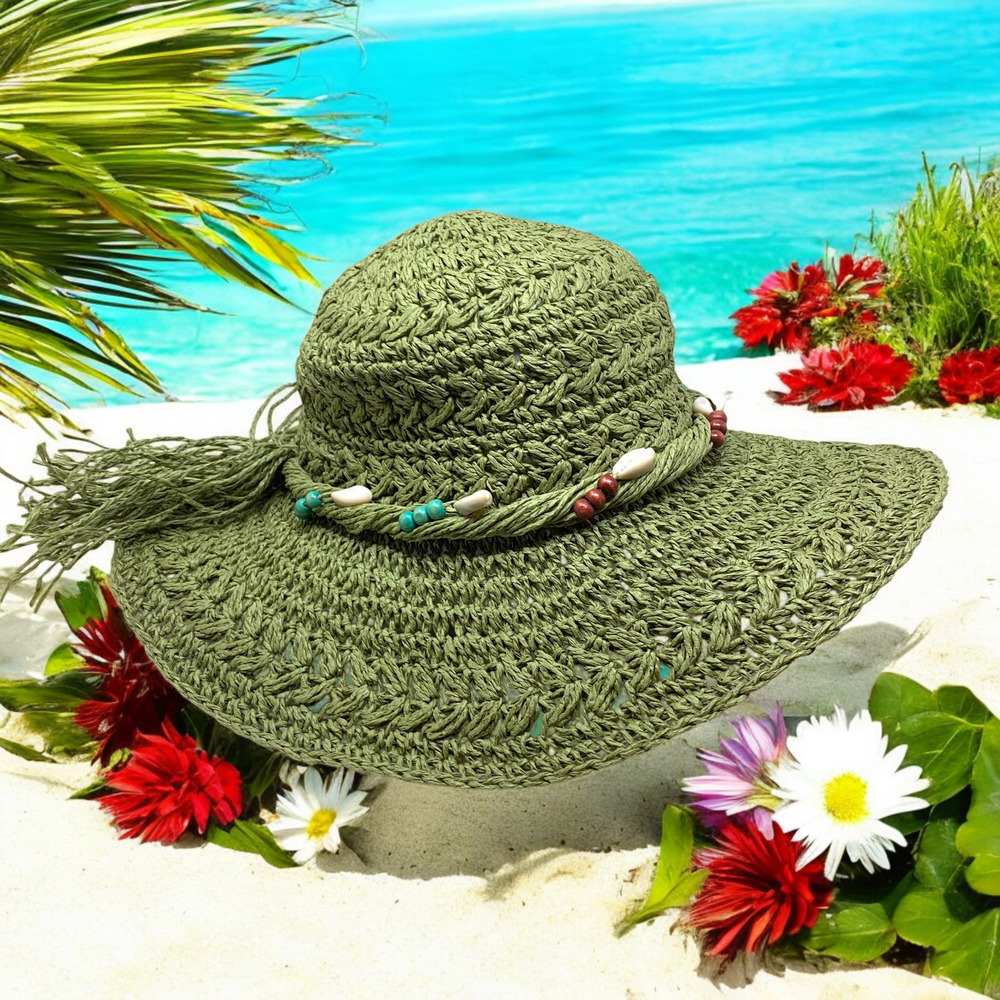 Panama Jack Paradise Green Woven Beach Hat Beaded Band Toyo Natural Straw O/S